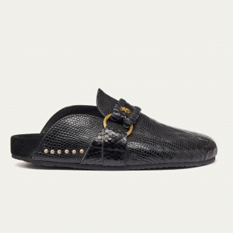 Black Lizard Georgette Mules