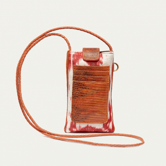 Etui à Telephone Double Marcus Lizard Marron Caramel Kocha Timor Rouge