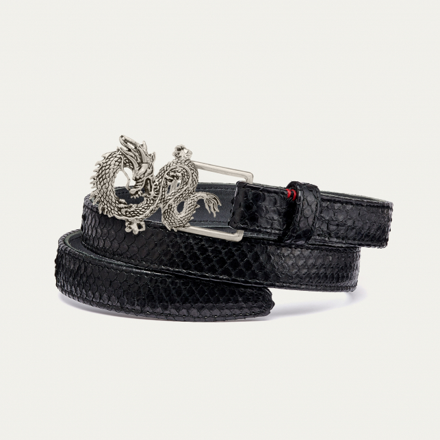 Black Python Baby Belt Dragon Silver Buckle