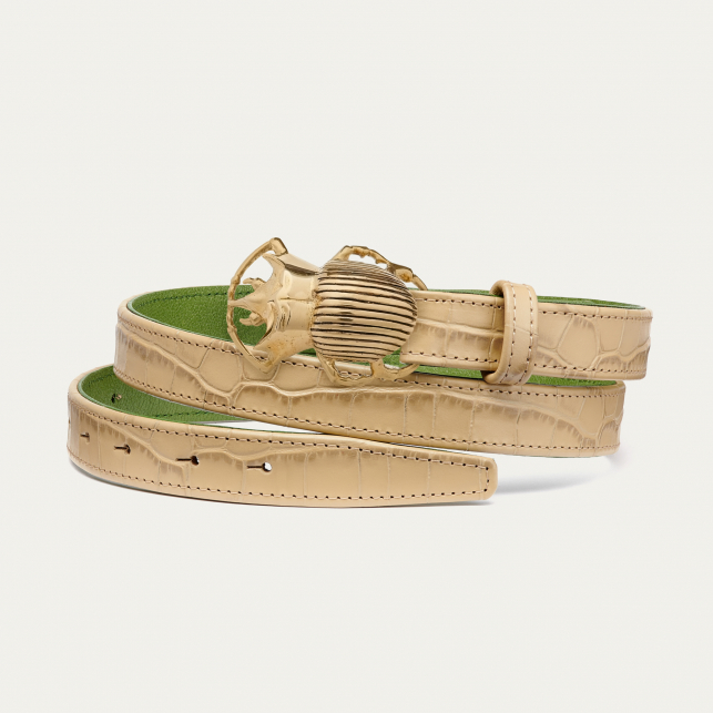 Embossed Croco Sesame Leather Beetle Gold Baby Belt