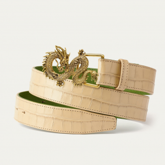 Ceinture Cuir Embossé Croco Sesame Boucle Dragon Dorée