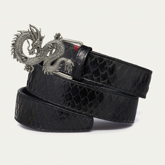 Black Python Belt Dragon Silver Buckle