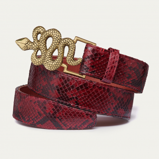 Burgundy Python Snake Belt Golden Buckle