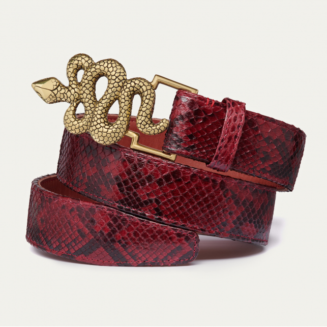 Burgundy Python Snake Belt Golden Buckle