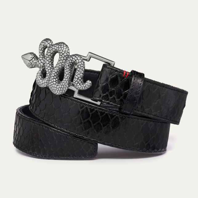 Black Python Snake Belt Silver Buckle