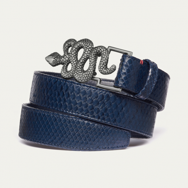 Ceinture Python Navy Boucle Serpent Argent