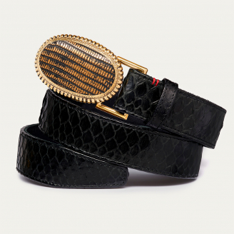 Old Gold Lizard Buckle Black Python Belt