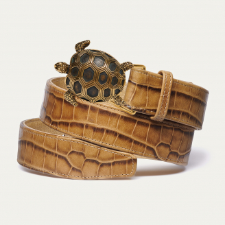 Golden Turtle Buckle Tobacco Embossed Leather Belt