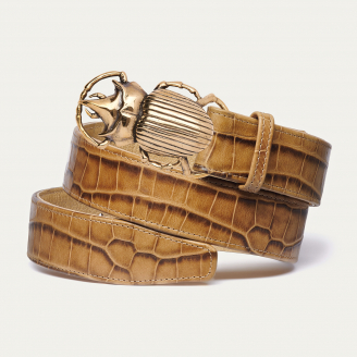 Ceinture Embossé Croco Tabac Scarabée Or