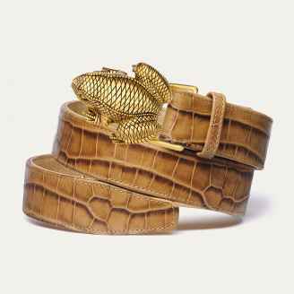 Golden Frog Embossed Tobacco Leather Belt