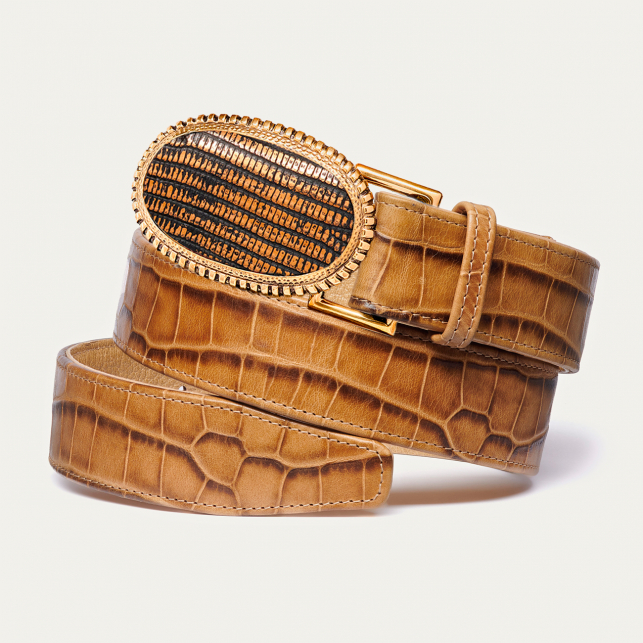 Old Gold Dallas Embossed Tobacco Leather Belt
