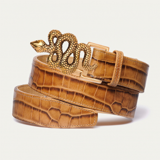 Golden Snake Tobacco Embossed Leather Belt