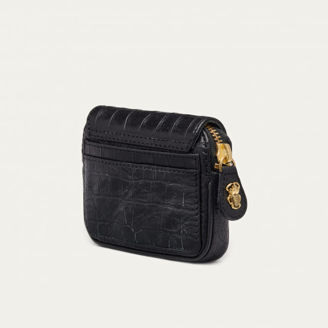 Embossed Croco Black Leather Karl Coin Holder