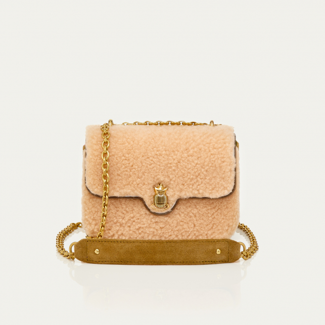 Cream Shearling And Embroidery Mini Ava Bag