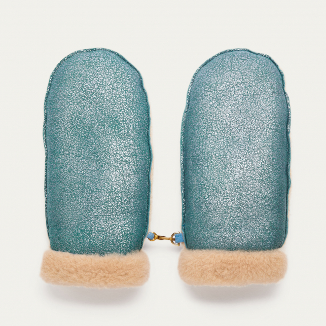 Ice Blue Metallic Shearling Mittens