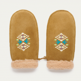 Olive suede Leather Embroidered Mittens