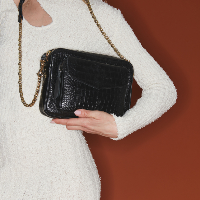 Black Croco Embossed Leather Bag Charly