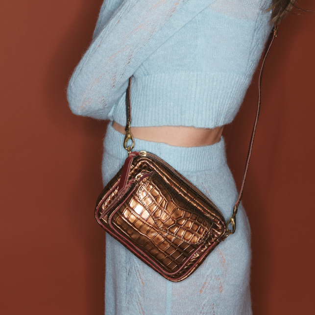 Metallic Bark Embossed Croco Leather Baby Charly Bag