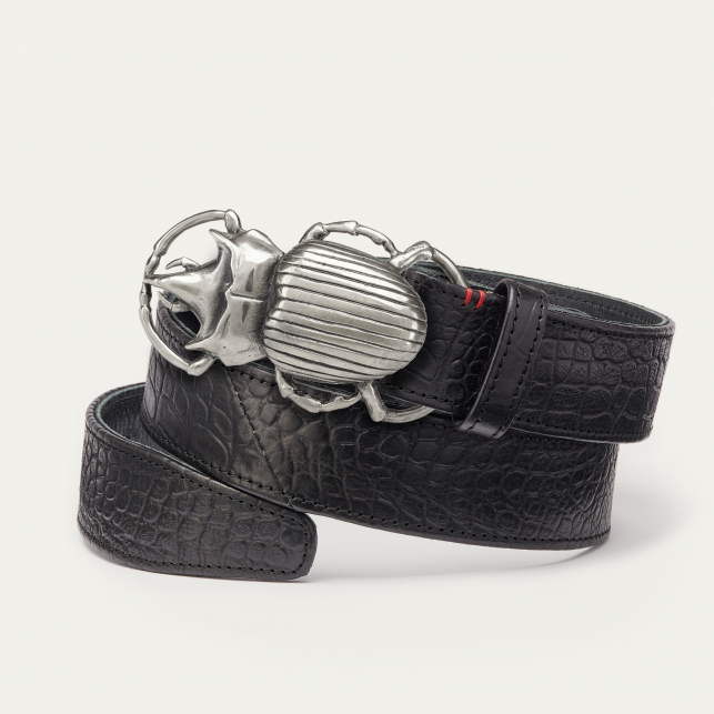 Ceinture Cuir Embossé Noir Scarabée Argent