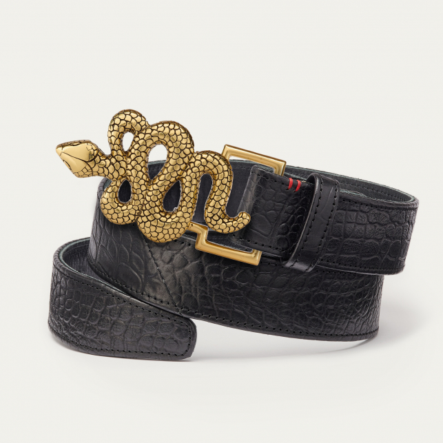 Ceinture Cuir Embossé Croco Noir Serpent Doré