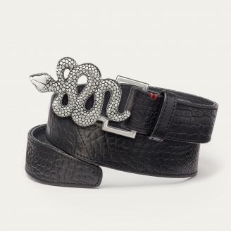 Black Leather Croco Silver Snake Belt