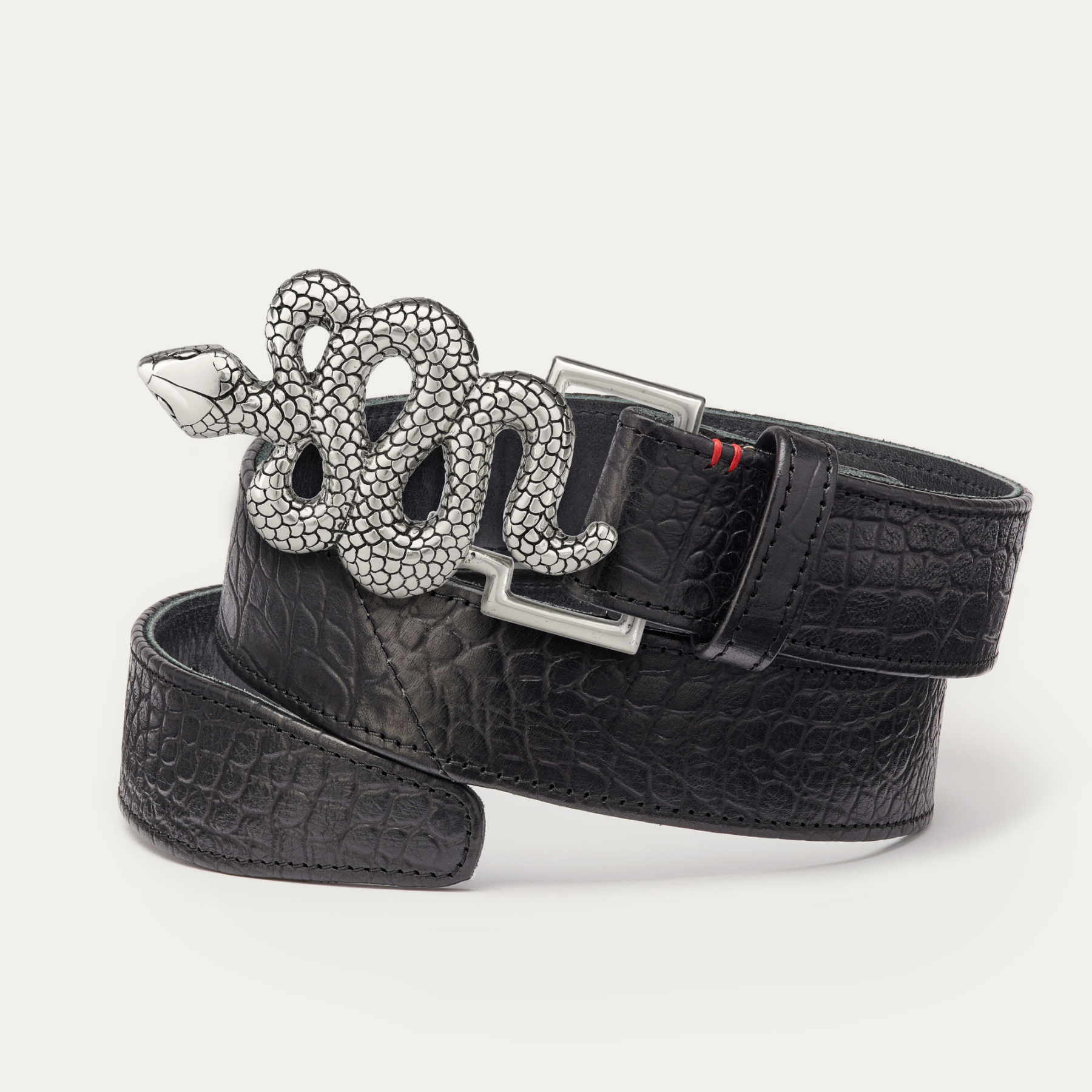 Ceinture Cuir Emboss Croco Noir Serpent Argent Claris Virot