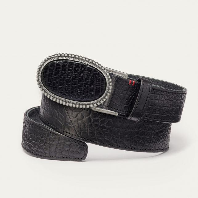 Black Embossed Croco Leather Dallas Silver Belt