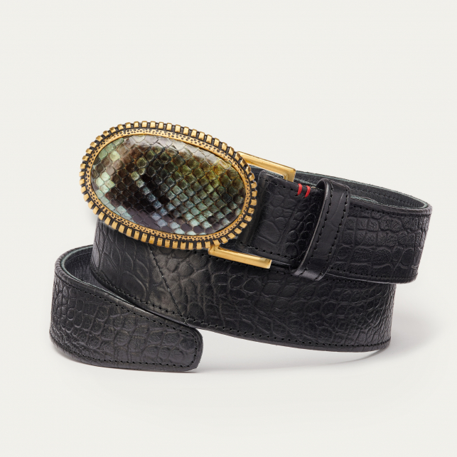 Ceinture Cuir Embossé Croco Noir Dallas Vallée Verte