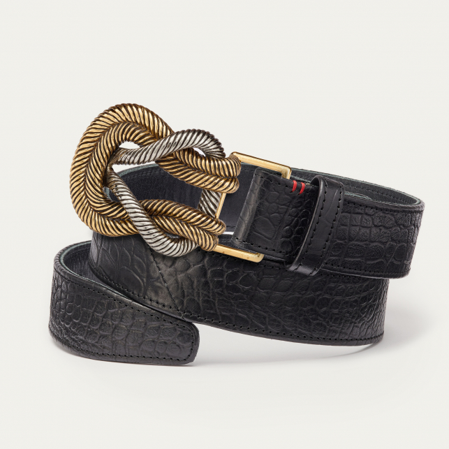 Ceinture Cuir Embossé Croco Noir Noeud