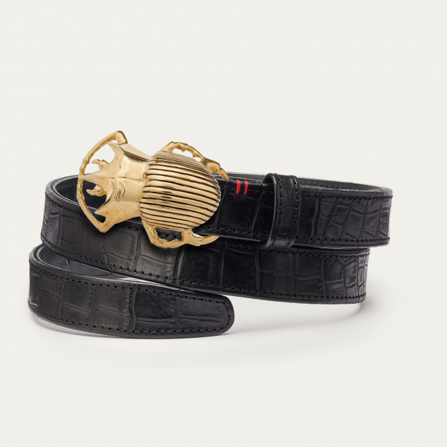 Baby Ceinture Cuir Embossé Croco Noir Scarabée Doré