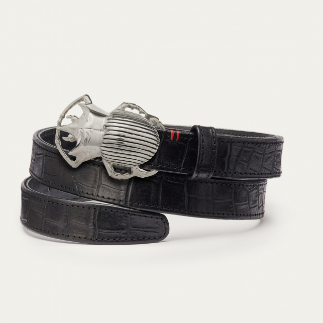 Baby Ceinture Cuir Embossé Noir Scarabée Argent