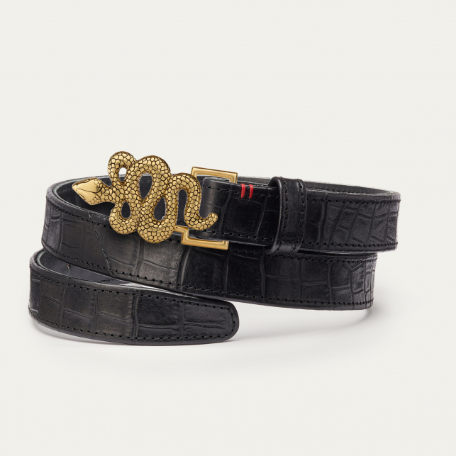 Black Embossed Croco Leather Golden Snake Baby Belt