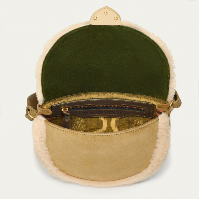 Olive Embroidered and Shearling Leather Big Victoria Bag