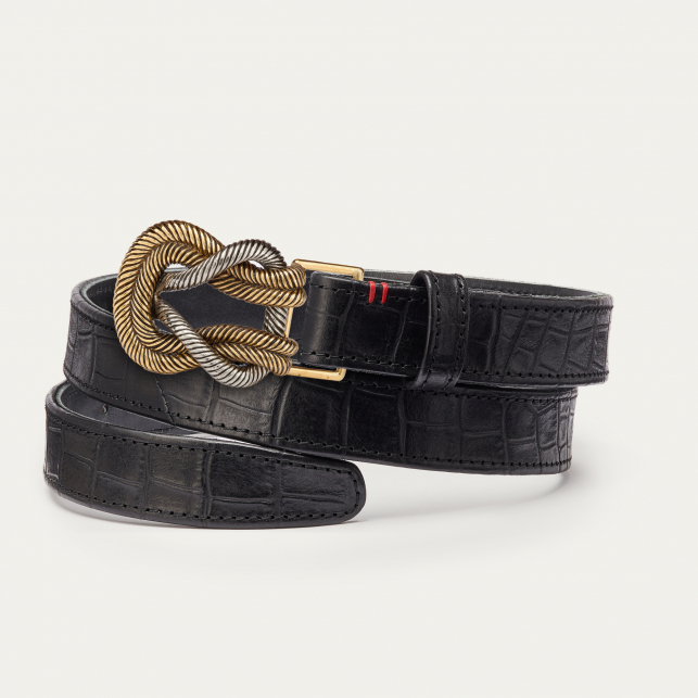 Baby Ceinture Cuir Embossé Croco Noir Noeud