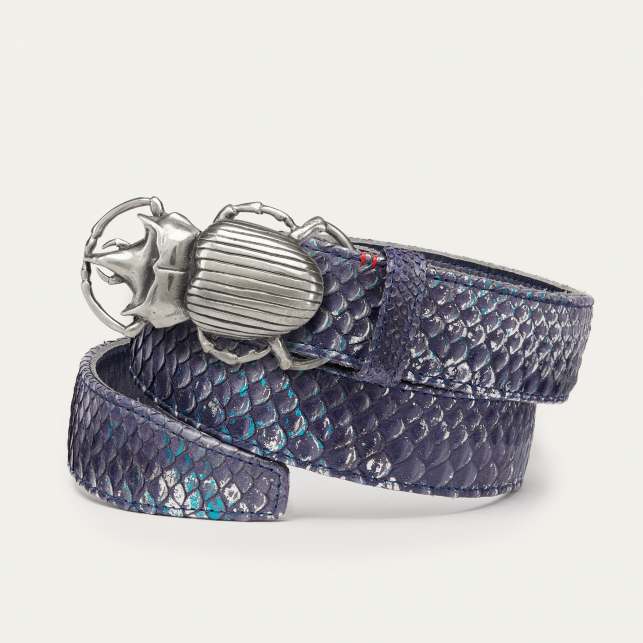 Ceinture Python Bleu Glacier Scarabée Argent