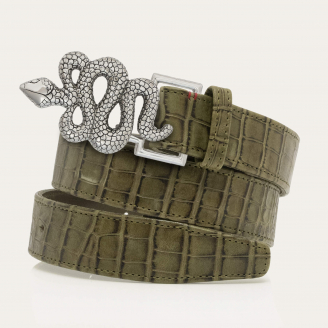 Khaki Embossed Croco Silver Snake Belt