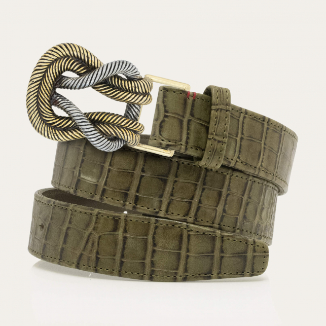 Ceinture Cuir Embossé Croco Kaki Noeud