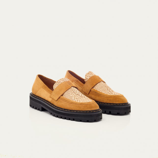 Pecan Leather Raffia Mia Moccasin