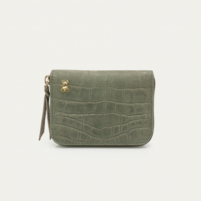 Portefeuille Nubuck Mini Bob Embossé Croco Gris Perle