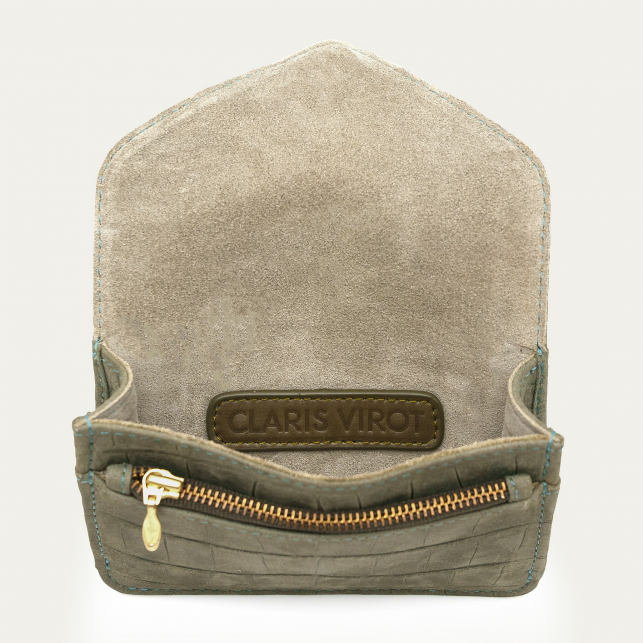 Porte Cartes Cuir Alex Embossé Croco Gris Perle