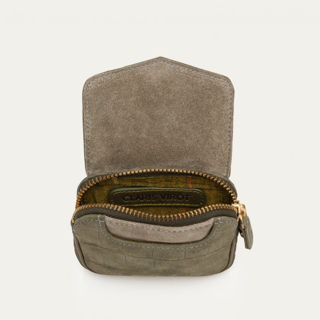 Porte-Monnaie Cuir Karl Embossé Croco Gris Perle