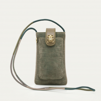 Etui à Telephone Cuir Double Embossé Croco Gris Perle