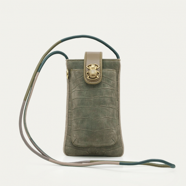 Etui à Telephone Cuir Double Embossé Croco Gris Perle