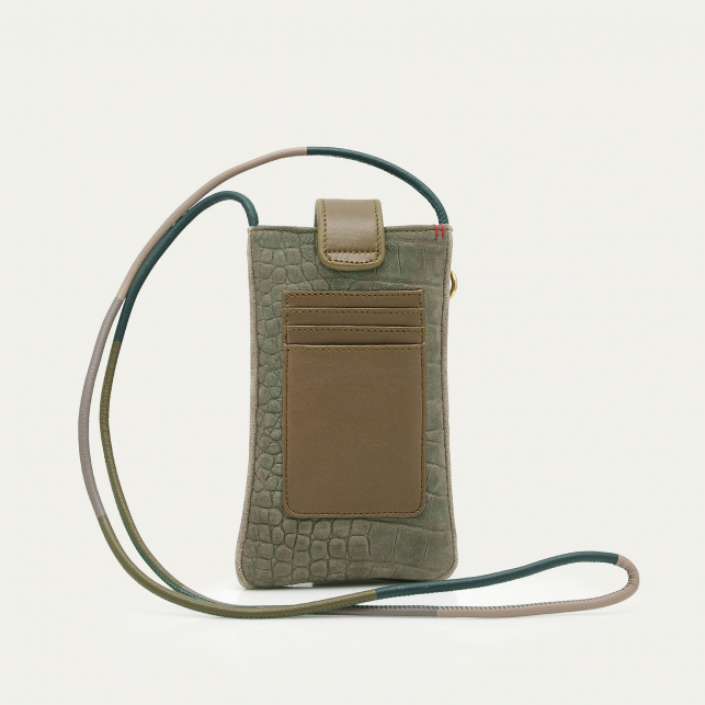 Etui à Telephone Cuir Double Embossé Croco Gris Perle