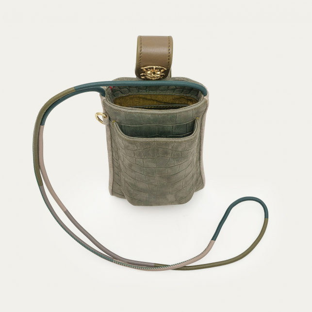 Etui à Telephone Cuir Double Embossé Croco Gris Perle
