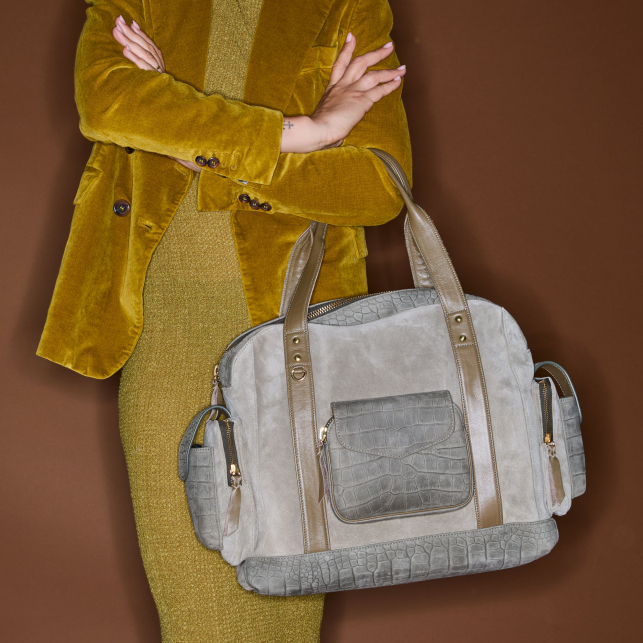 Pearl Grey Embossed Nubuck Leo Bag