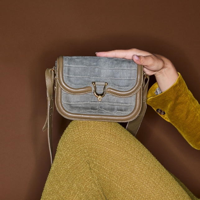 Sac Nubuck Mini Manon Embossé Croco Gris Perle