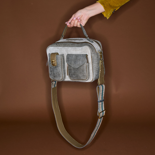 Pearl Grey Embossed Leather Cesar Bag