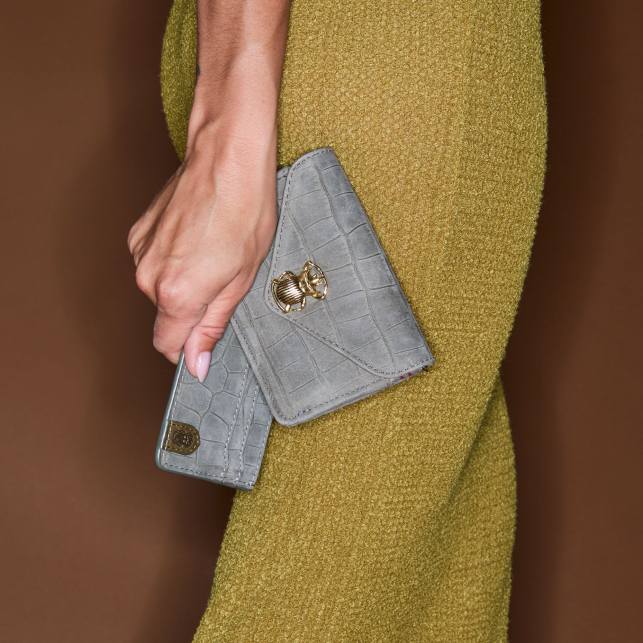 Porte Cartes Cuir Alex Embossé Croco Gris Perle