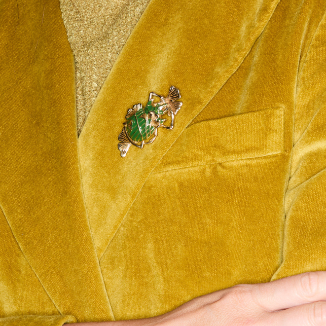 Golden Beetle, Ginko Leaves and Green Resin Brass Barbara Brooch
